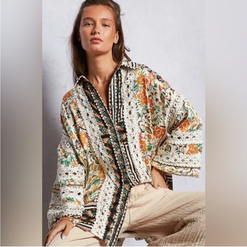 POL Floral and Striped Women's Top - Orange, Green, Black, White